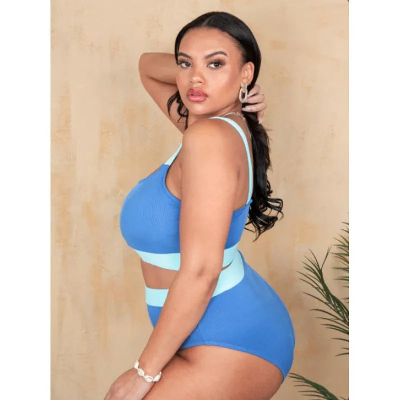 Women's high-waist polyester bikini set with stitching detail and brief cut in assorted colours