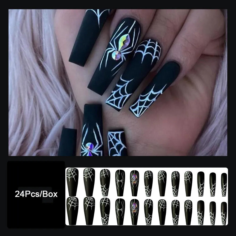 Set of 24 dark spider nail art pieces with glue, long length, sweet and cool INS style cartoon pattern