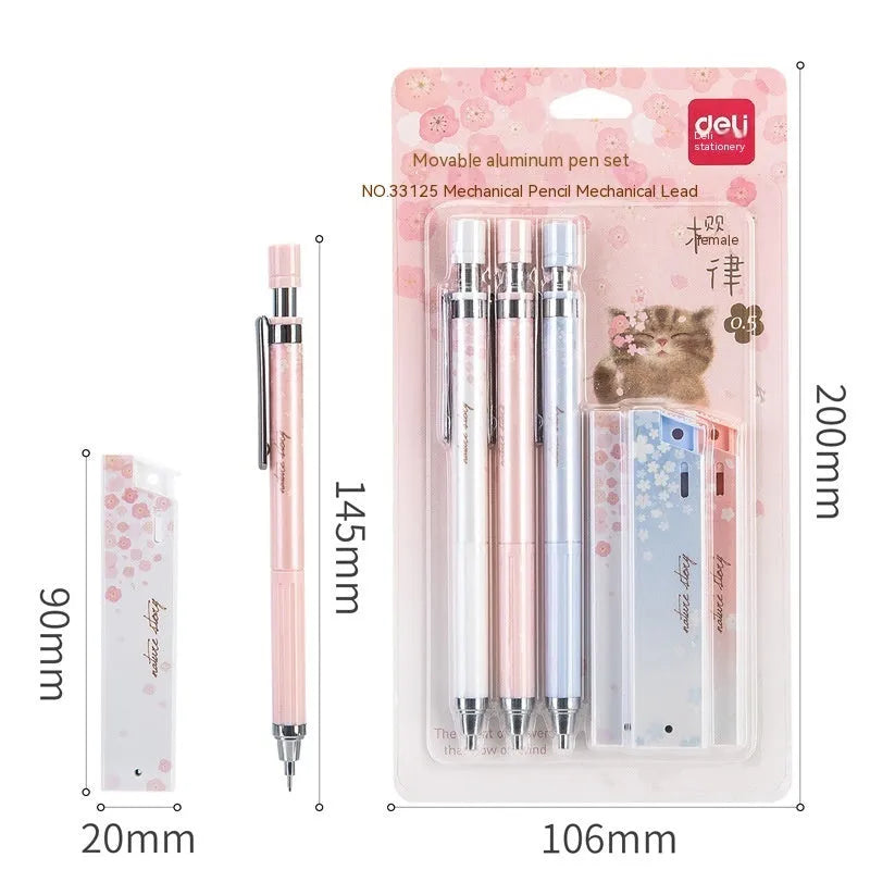 Cartoon automatic pencil set showing three 0.5mm pencils and HB refill boxes in mixed colours