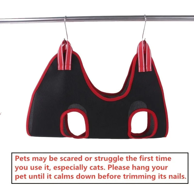 Pet cat and dog grooming hammock restraint bag in a hanging set for nail cutting and bath trimming.