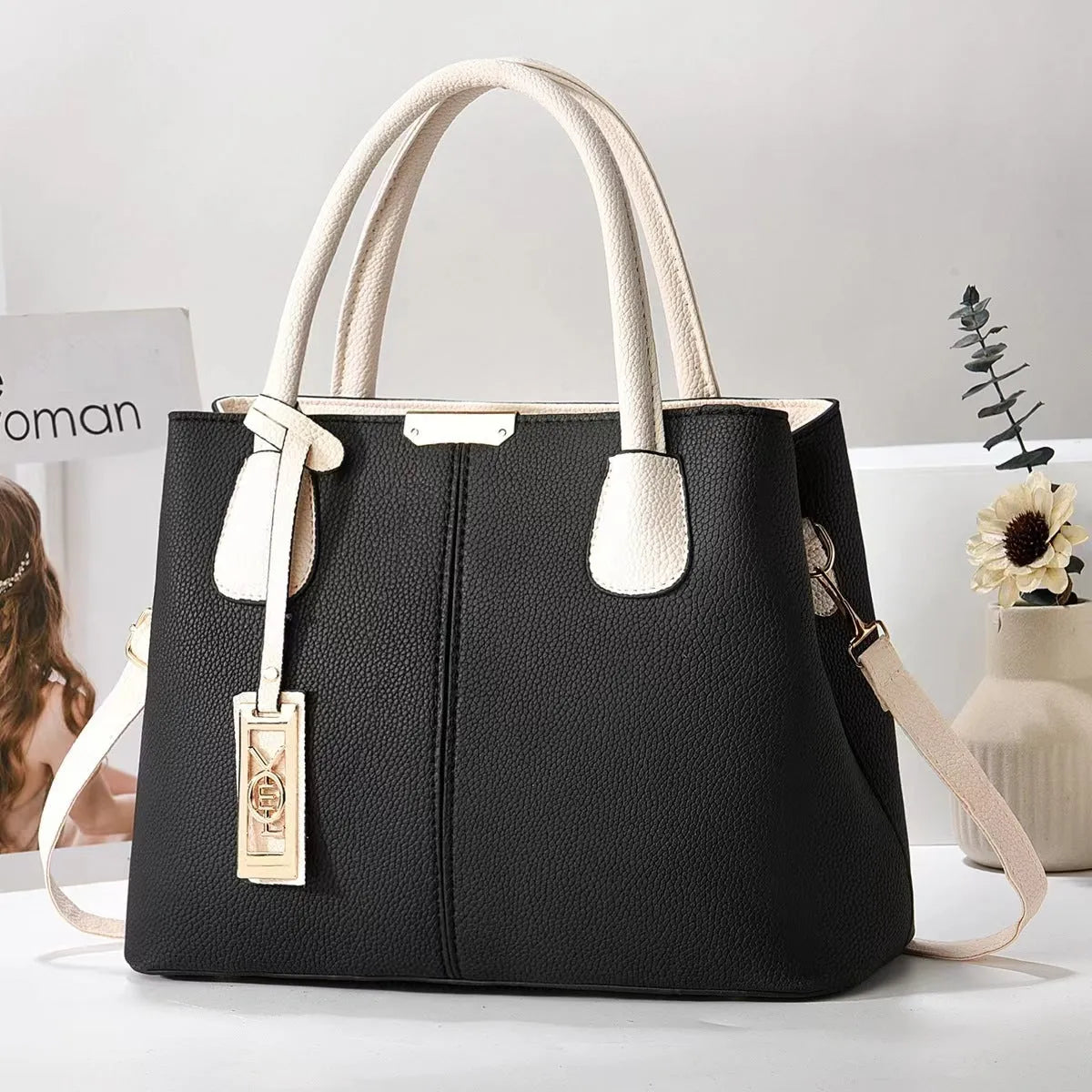 Women's large capacity shoulder bag in soft PU material with leather strap, horizontal square shape