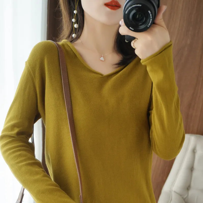 Women's V-neck long sleeve knitwear top in turmeric colour, pullover style, non-iron fabric