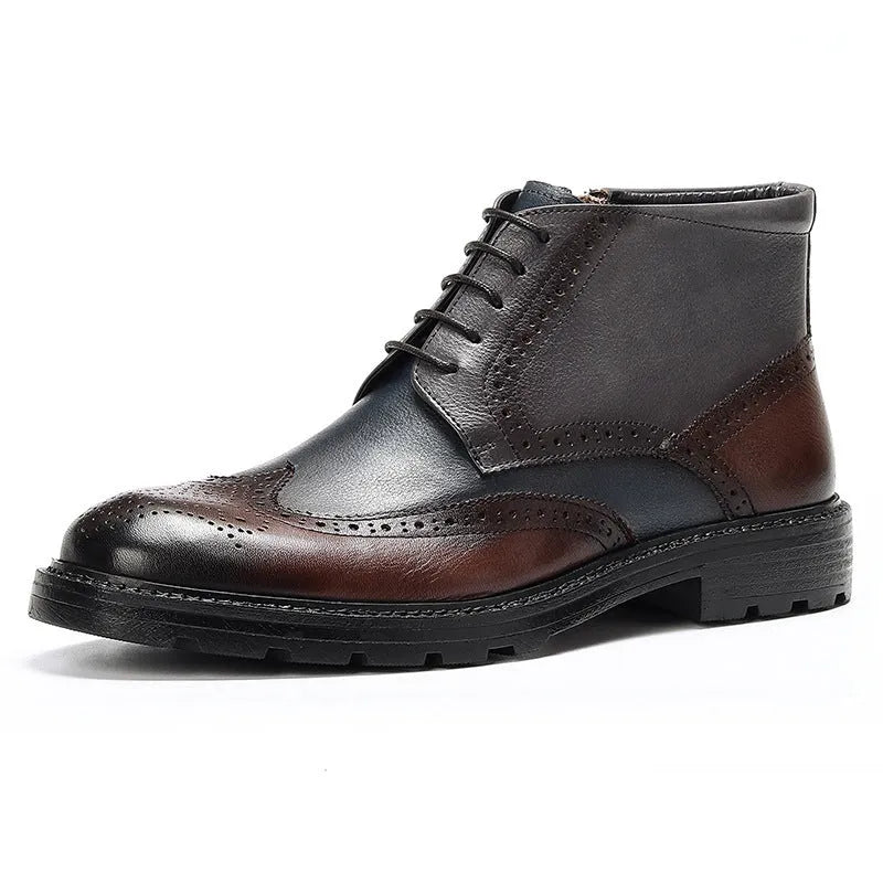 Men's curry blue leather Martin boots with vintage colour blocking and brogue detailing on a round toe.
