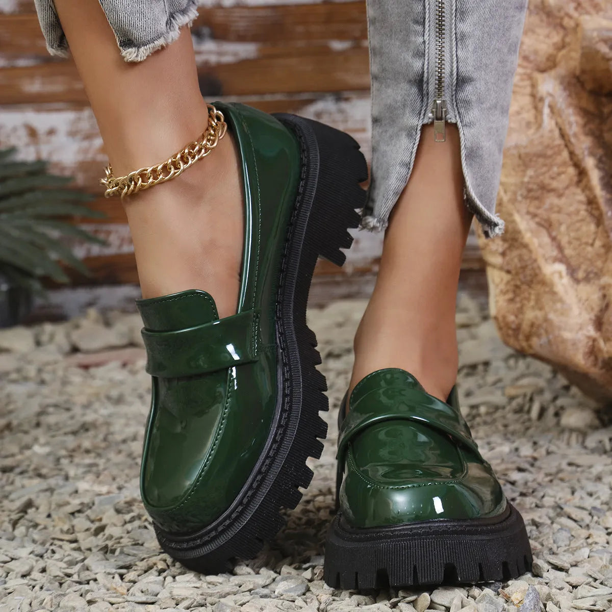 Women's slip-on loafers with chunky platform heel in black, wine red, or green