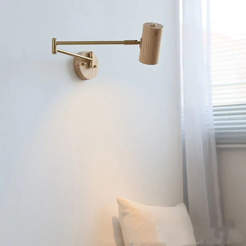 Retro rotating wall lamp with switch, long arm spot light in walnut wood and iron finish