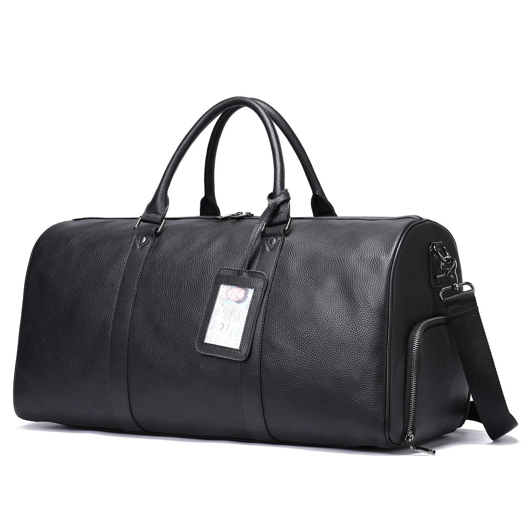 Men's leather excursion bag in black or coffee colour, 44cm or 55cm length with single strap