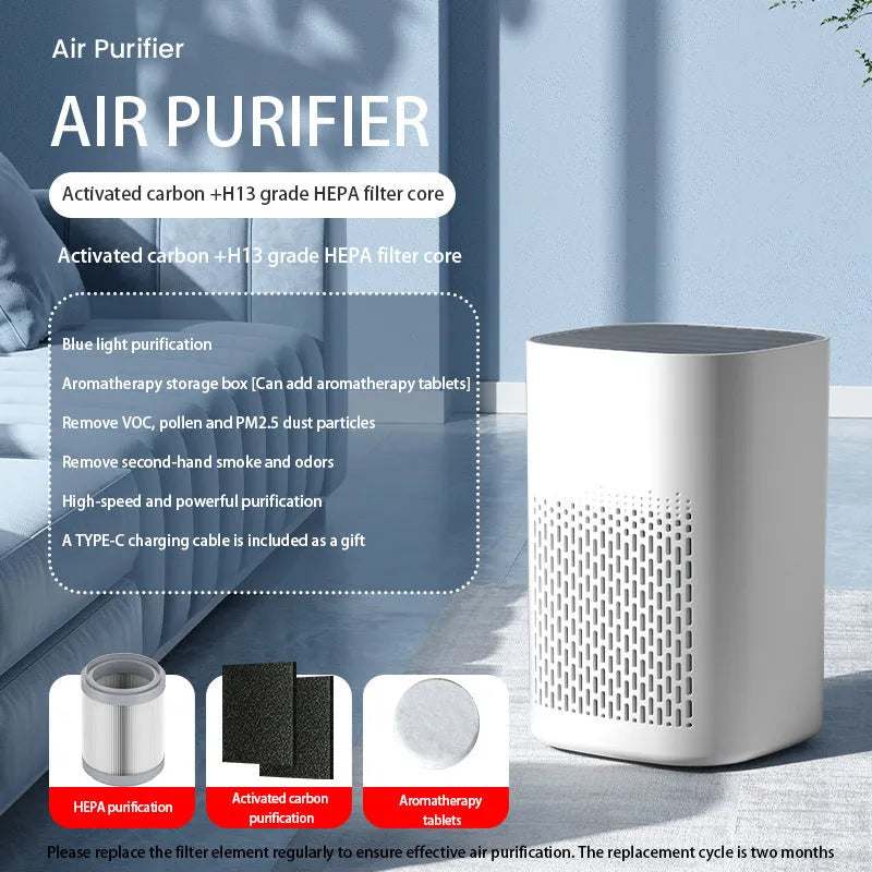 Simple style desktop air purifier with USB cable for small rooms.