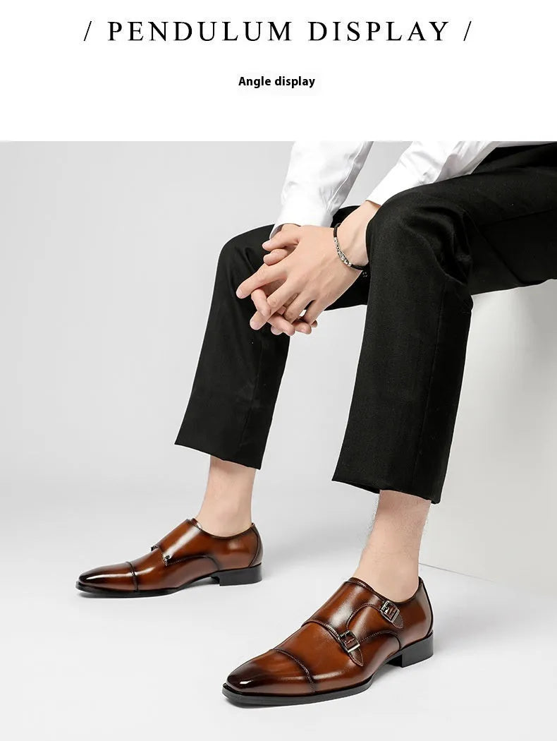 Men's casual leather shoes cowhide square toe business oxfords black colour with metal thread accents