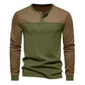 Retro long-sleeve Henry collar casual shirt with colour-matching collar and beaded twill fabric, solid colour, pullover style