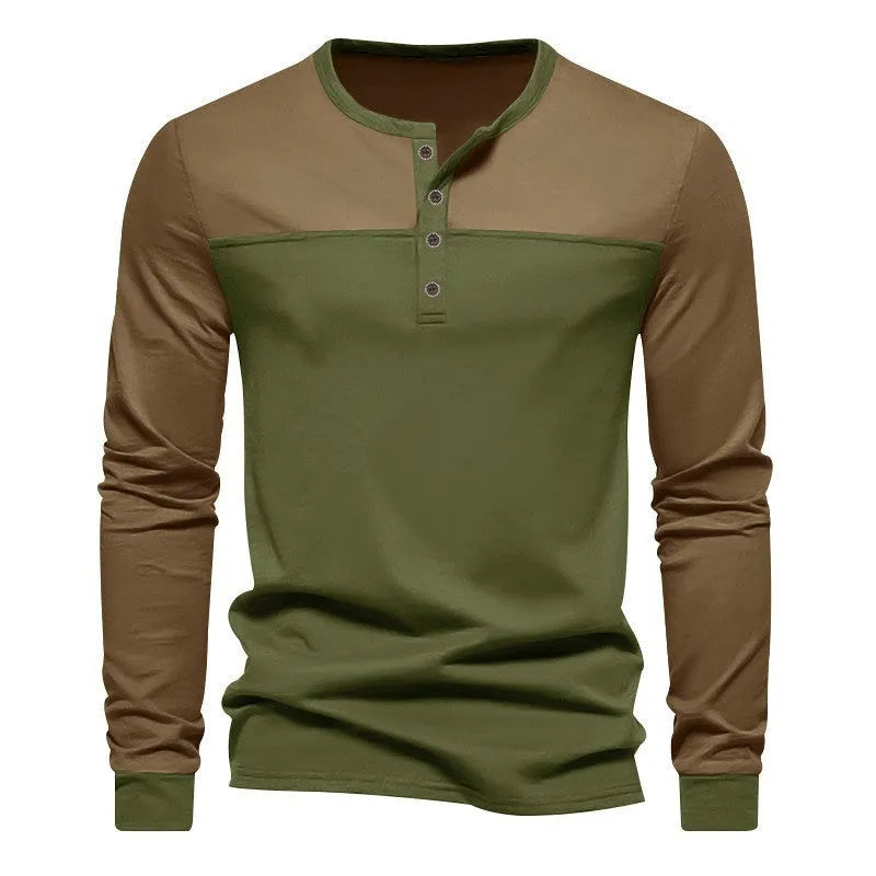 Retro long-sleeve Henry collar casual shirt with colour-matching collar and beaded twill fabric, solid colour, pullover style