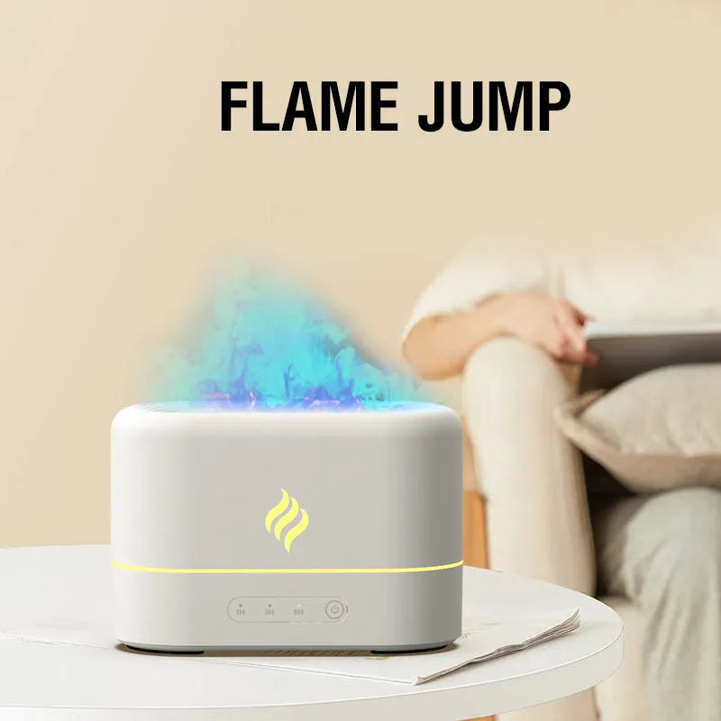 Black or white USB-powered humidifier with 7-colour flame LED effect and single mist outlet.