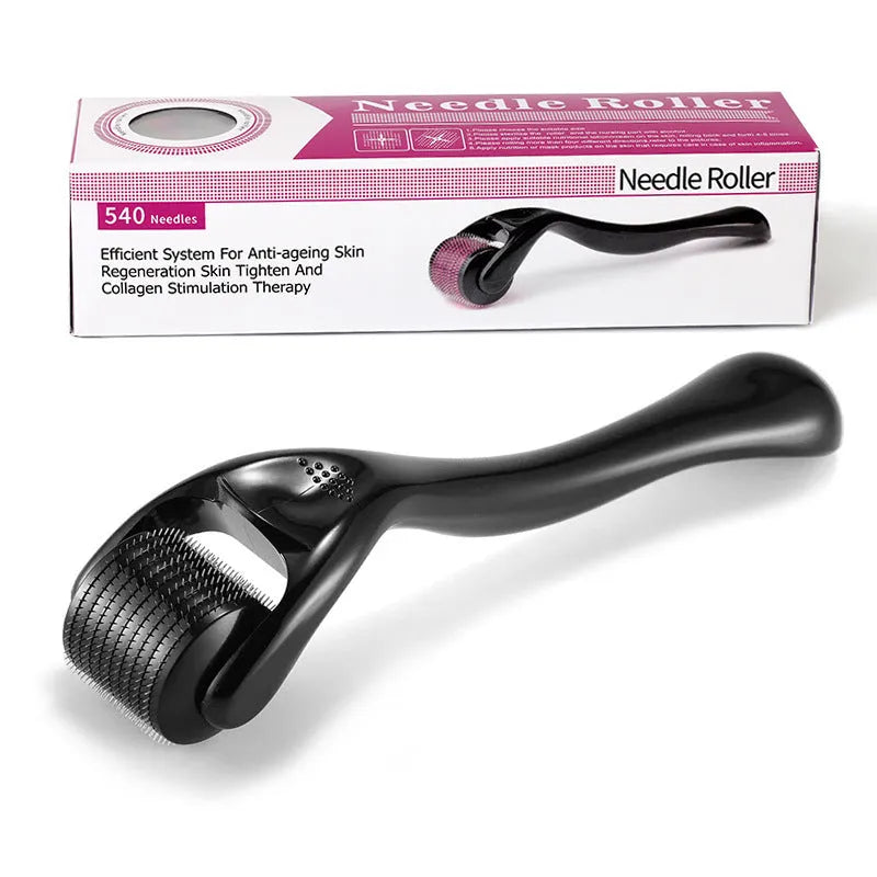 Black and purple derma rollers with 540 titanium microneedles for face, hair, and beard care.