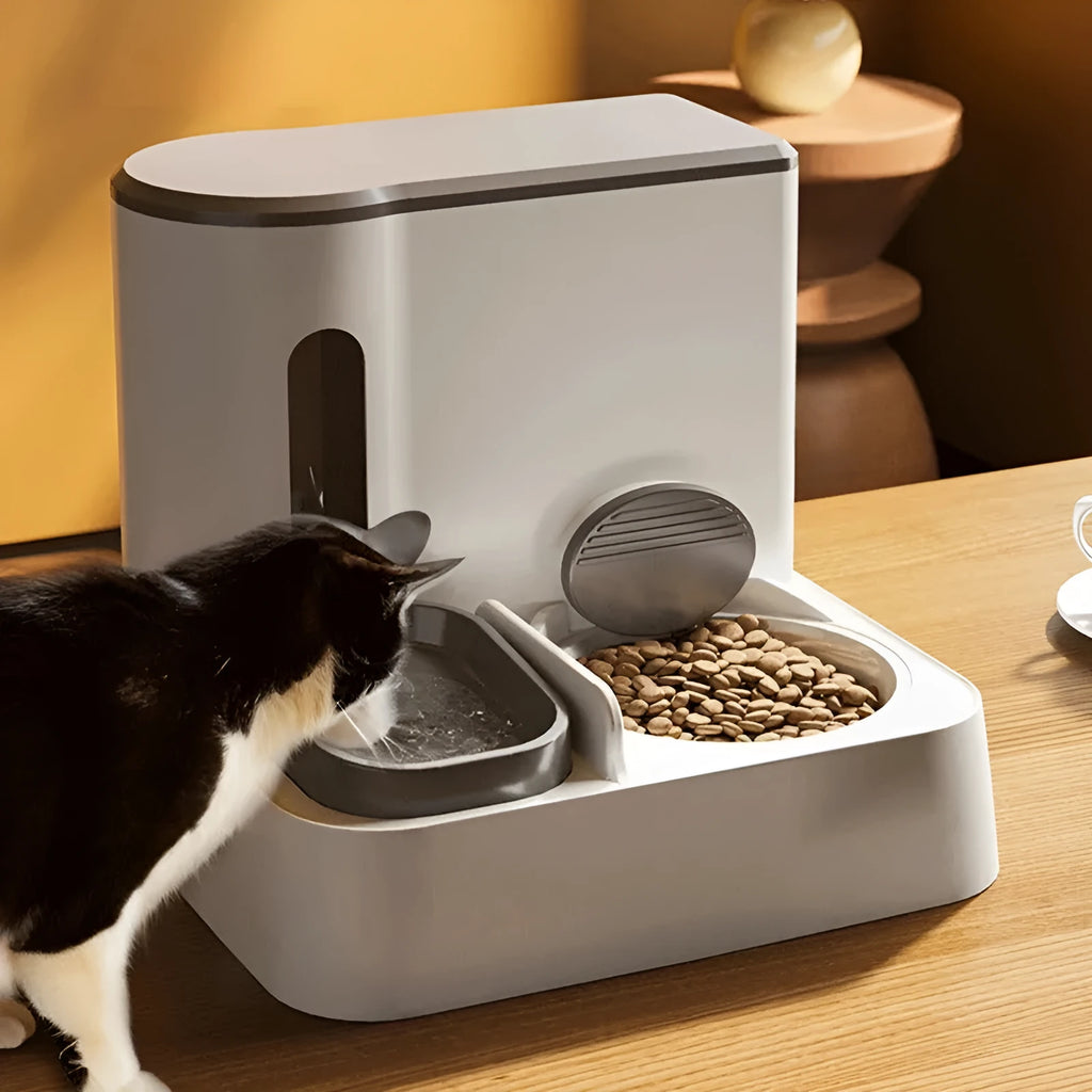 Cat automatic pet feeder water dispenser with integrated double bowl design in grey colour
