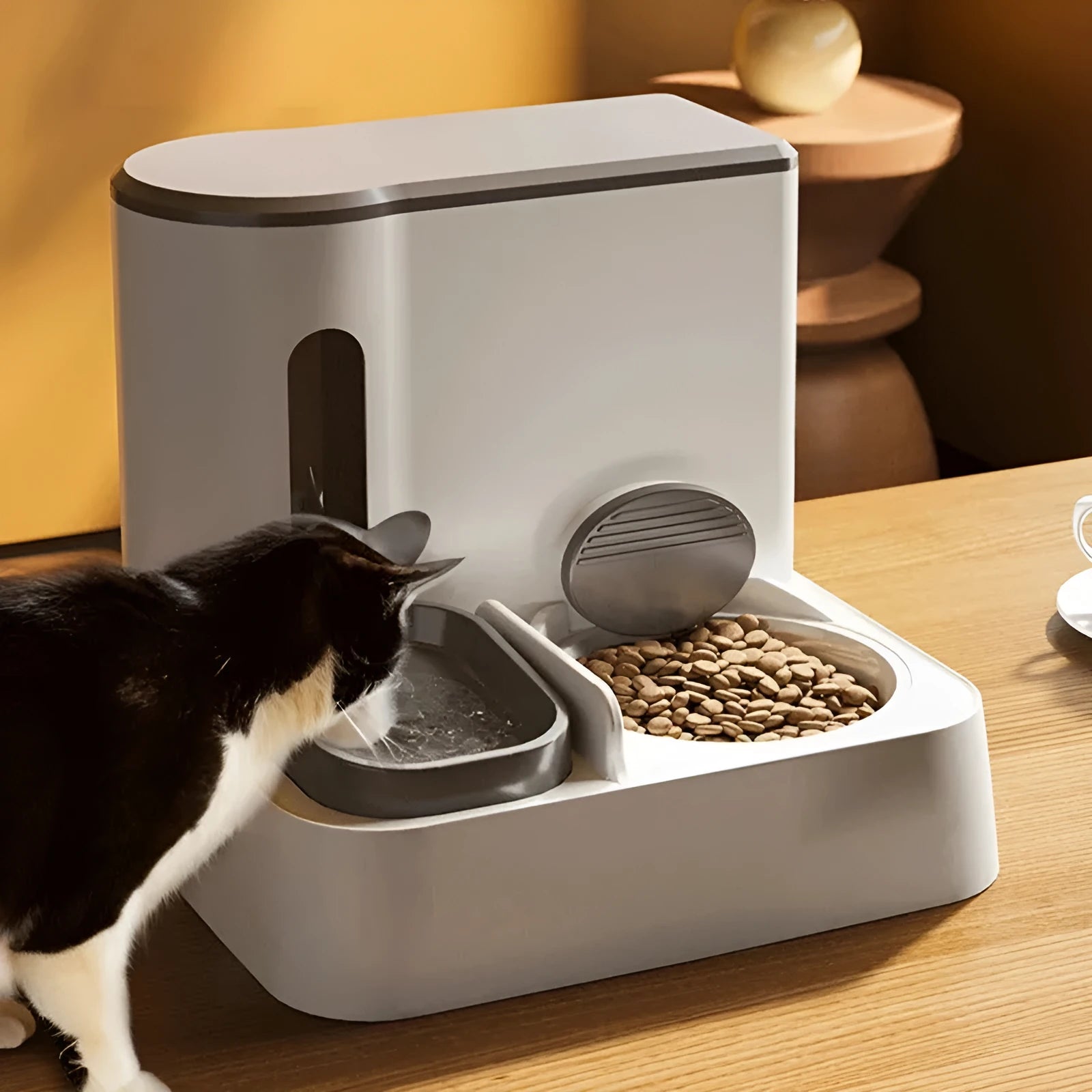 Cat automatic pet feeder water dispenser with integrated double bowl design in grey colour