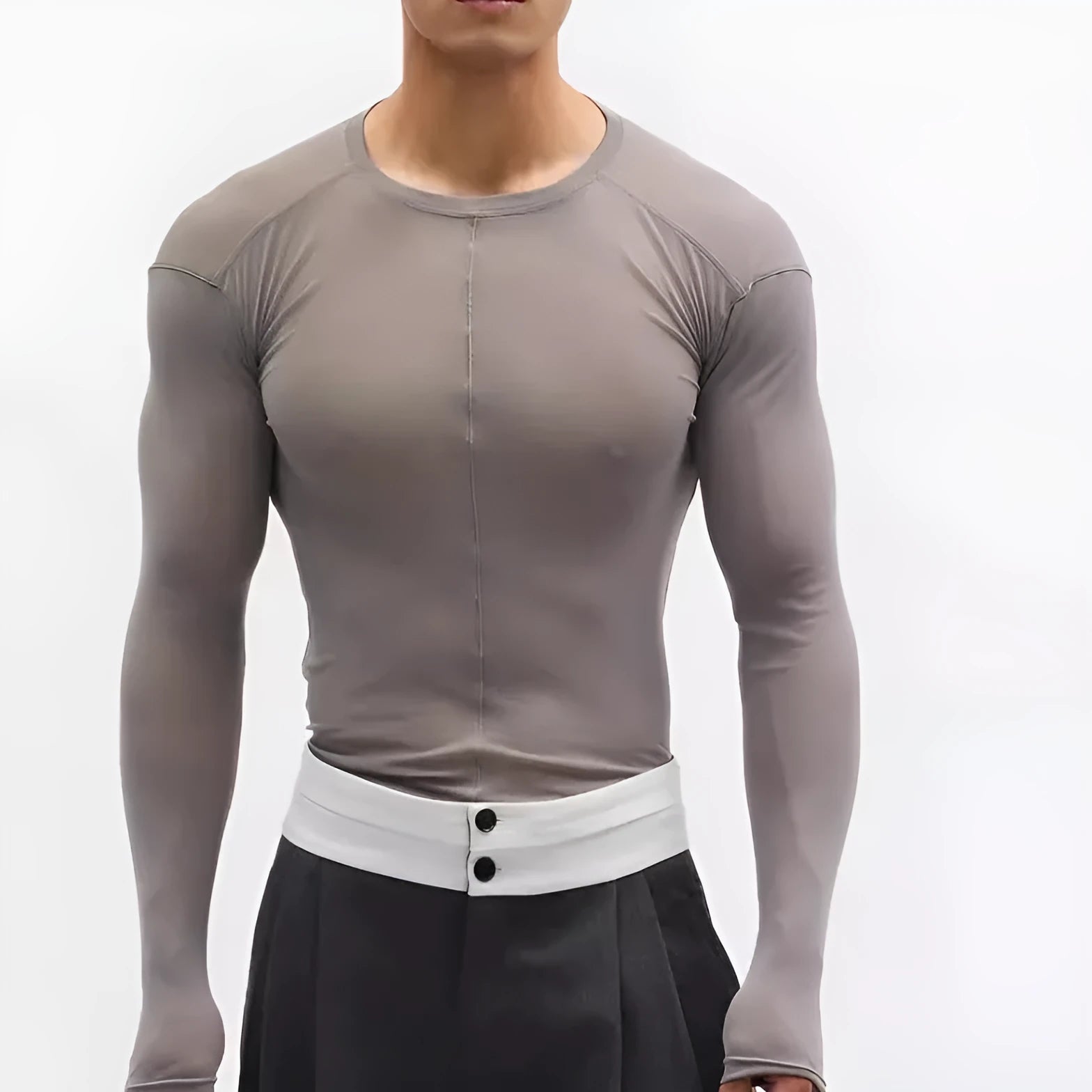 Black mesh see-through slim-fit long sleeve pullover top on a hanger