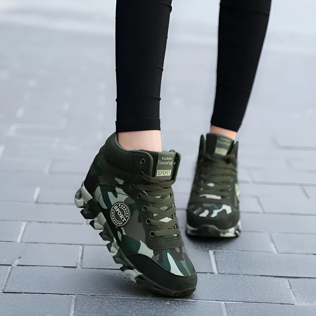 Women's green camouflage casual increased sneakers with canvas upper and rubber outsole