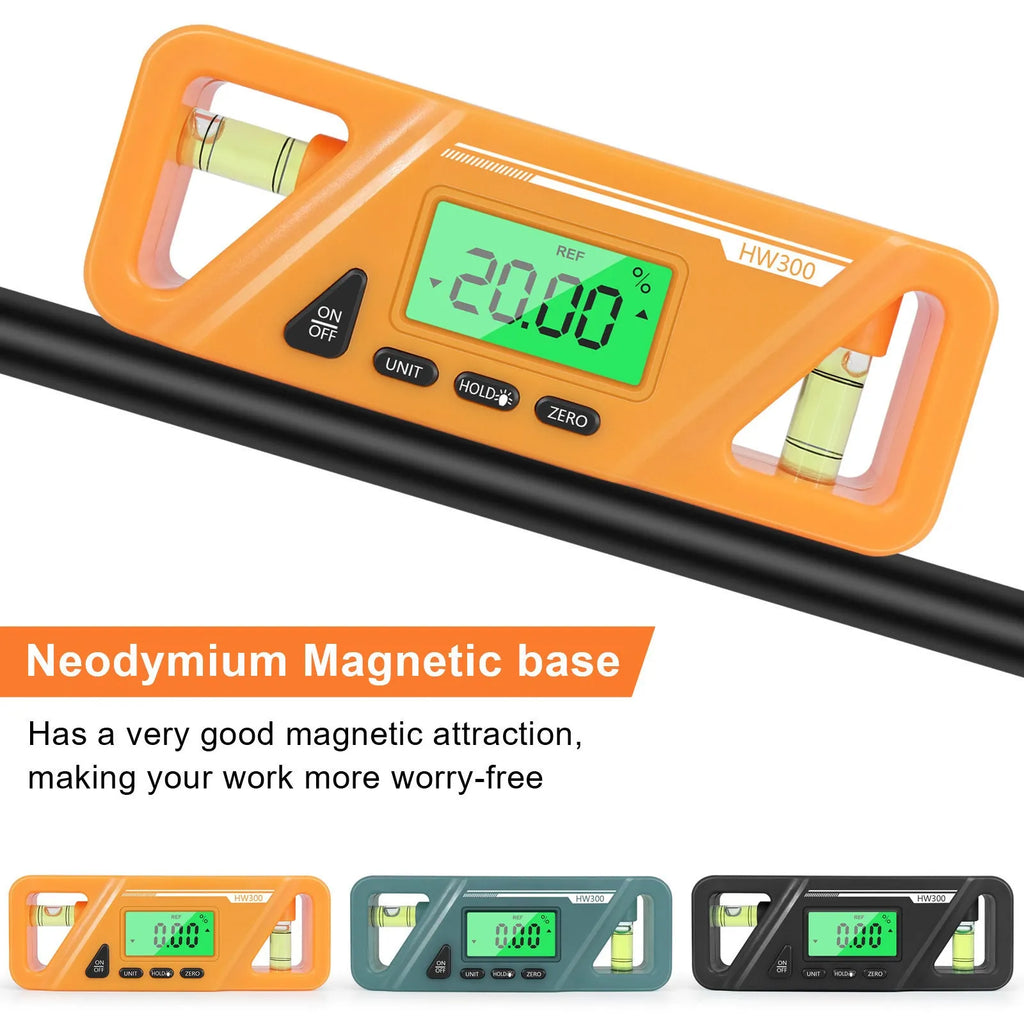 Black digital angle gauge inclinometer with magnetic base and LCD display showing an angle reading.