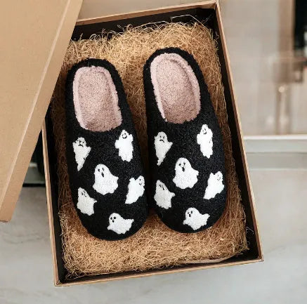 Cartoon ghost hand thermal cotton slippers with suede upper and rubber sole on indoor floor