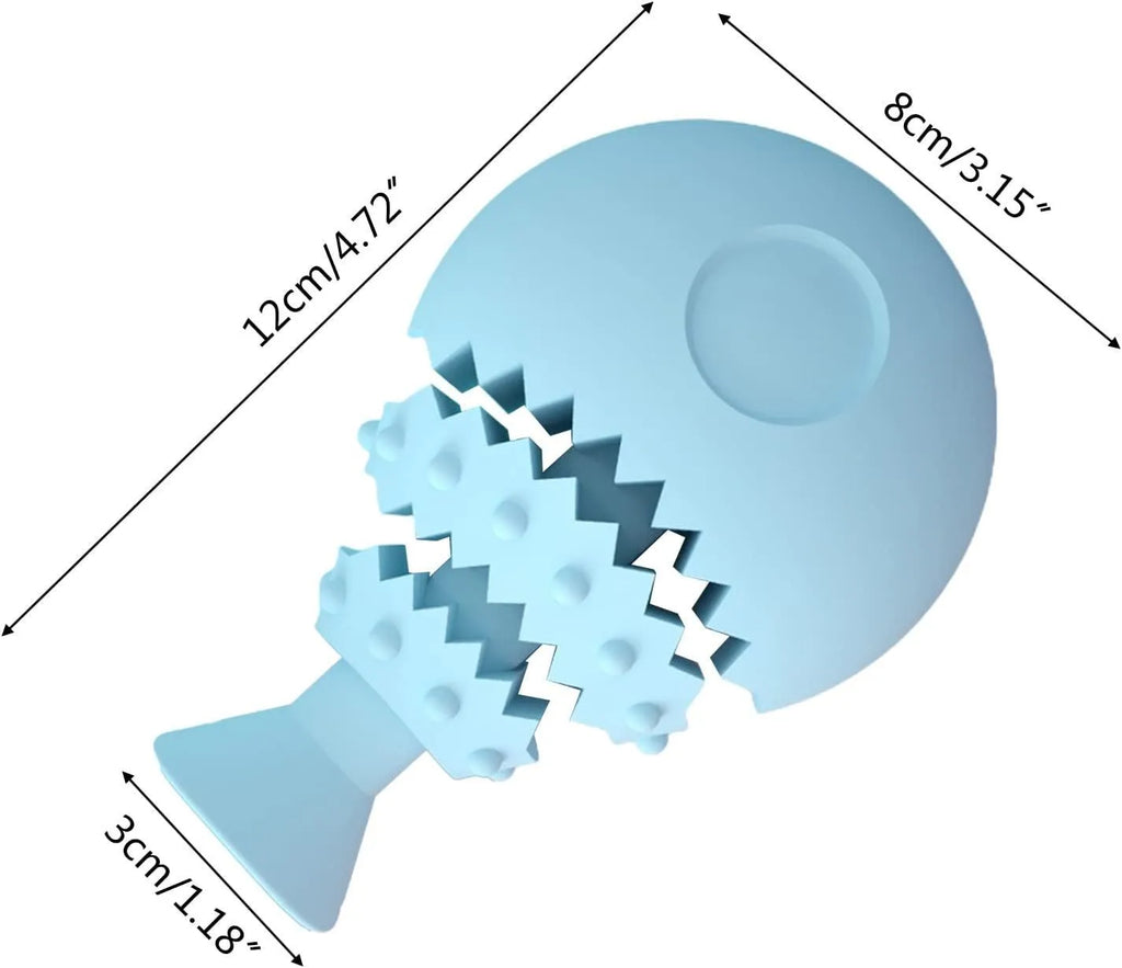 Blue fish bone shaped dog chew toy with treat hole, measuring 12x8x4cm