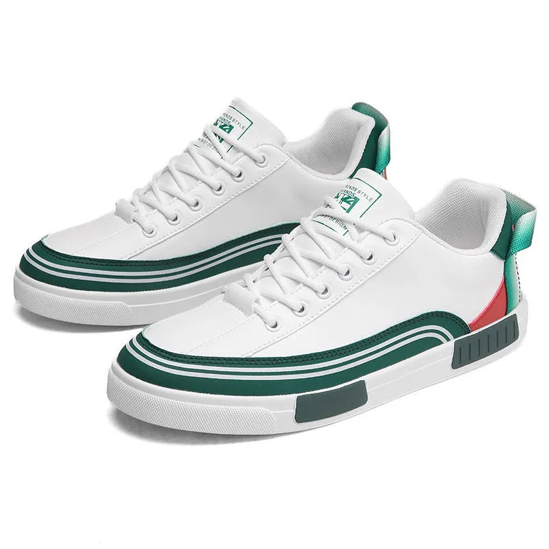 Men's beige and white and green canvas casual shoes with mesh sections and a round toe.