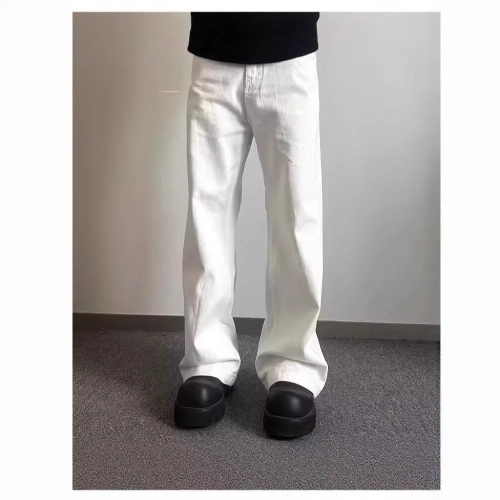 Men's white straight-leg cotton denim jeans with zip fly and mid-waist