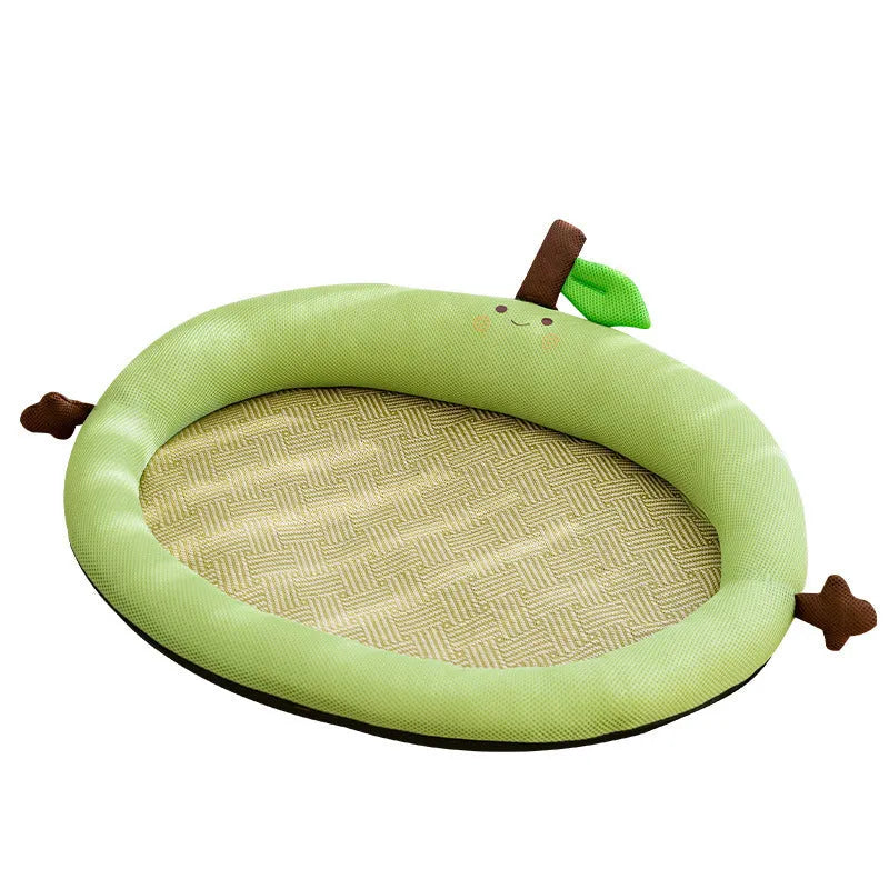 Green or yellow nest-style pet bed with fruit backrest in four different sizes.