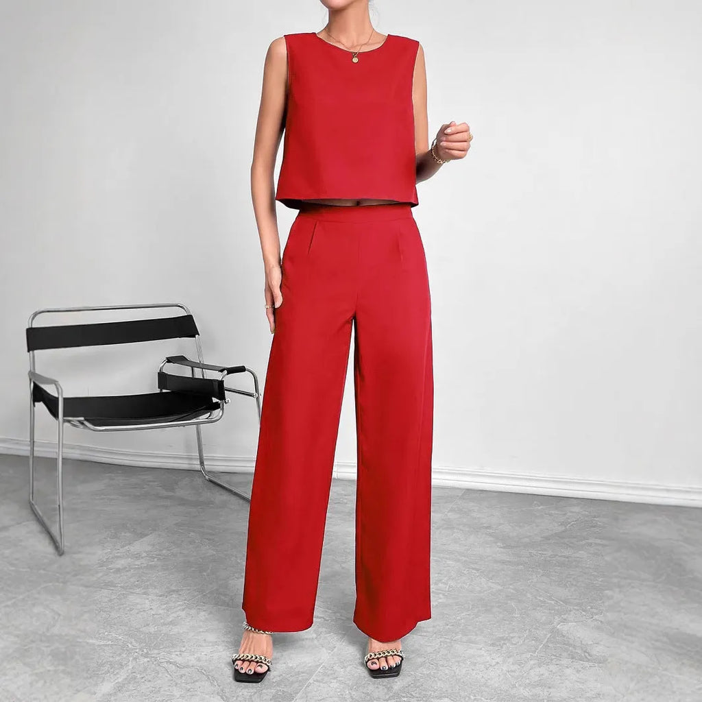 Red polyester wide leg pants and sleeveless top two-piece set with round neckline