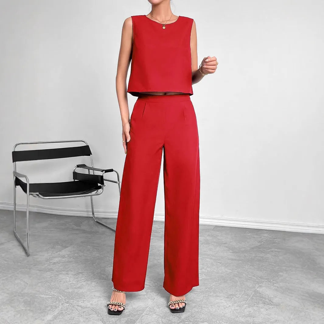 Red polyester wide leg pants and sleeveless top two-piece set with round neckline