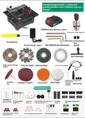Compact lithium-ion cordless micro desktop saw with metal housing on a workbench.