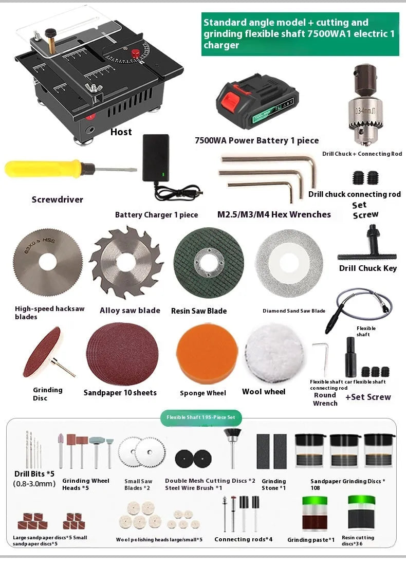 Compact lithium-ion cordless micro desktop saw with metal housing on a workbench.
