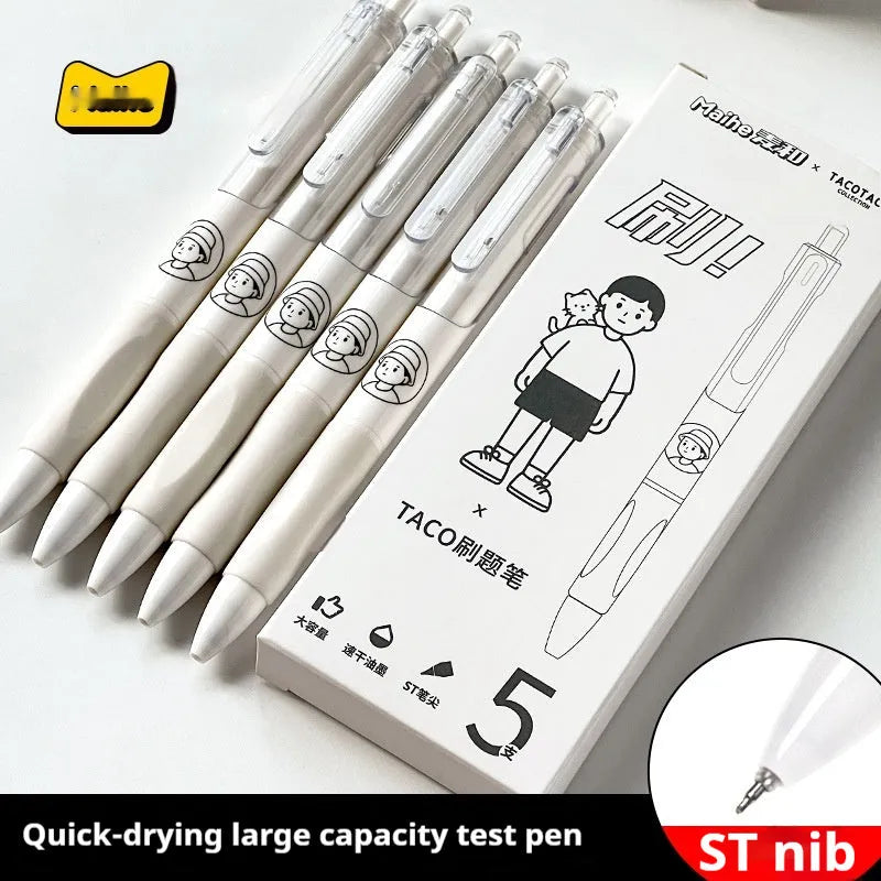 Five black ink ballpoint pens with 0.5mm tips for student exam writing
