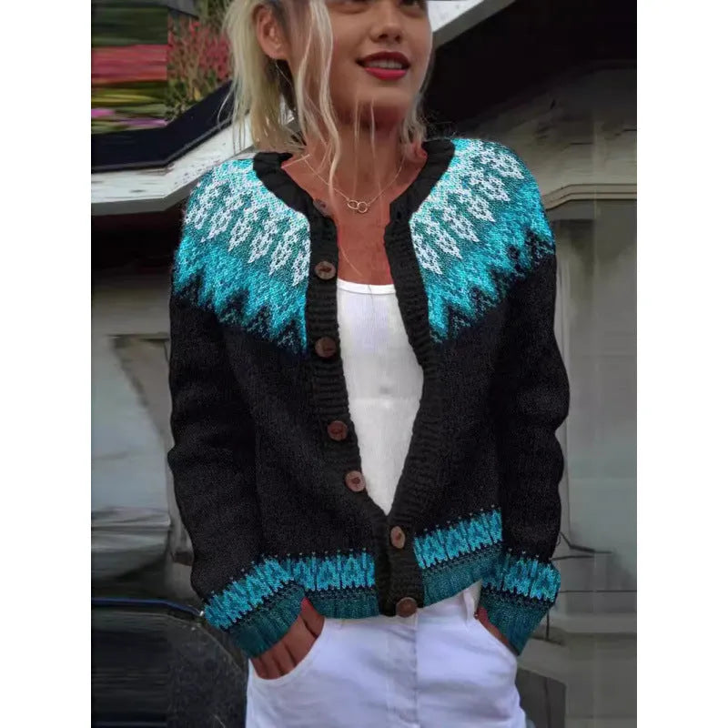 Digital printing cardigan knitted coat in yellow with 3D effect pattern, front view