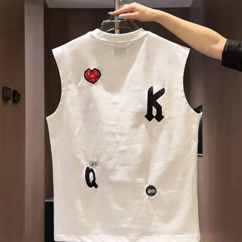 Men cotton cartoon printed sleeveless vest T-shirt in white loose fit
