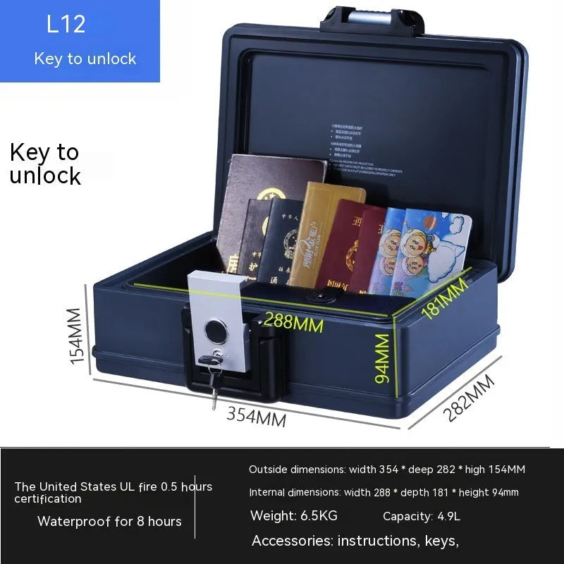 Small portable steel safe box with a mechanical combination dial lock on the front.
