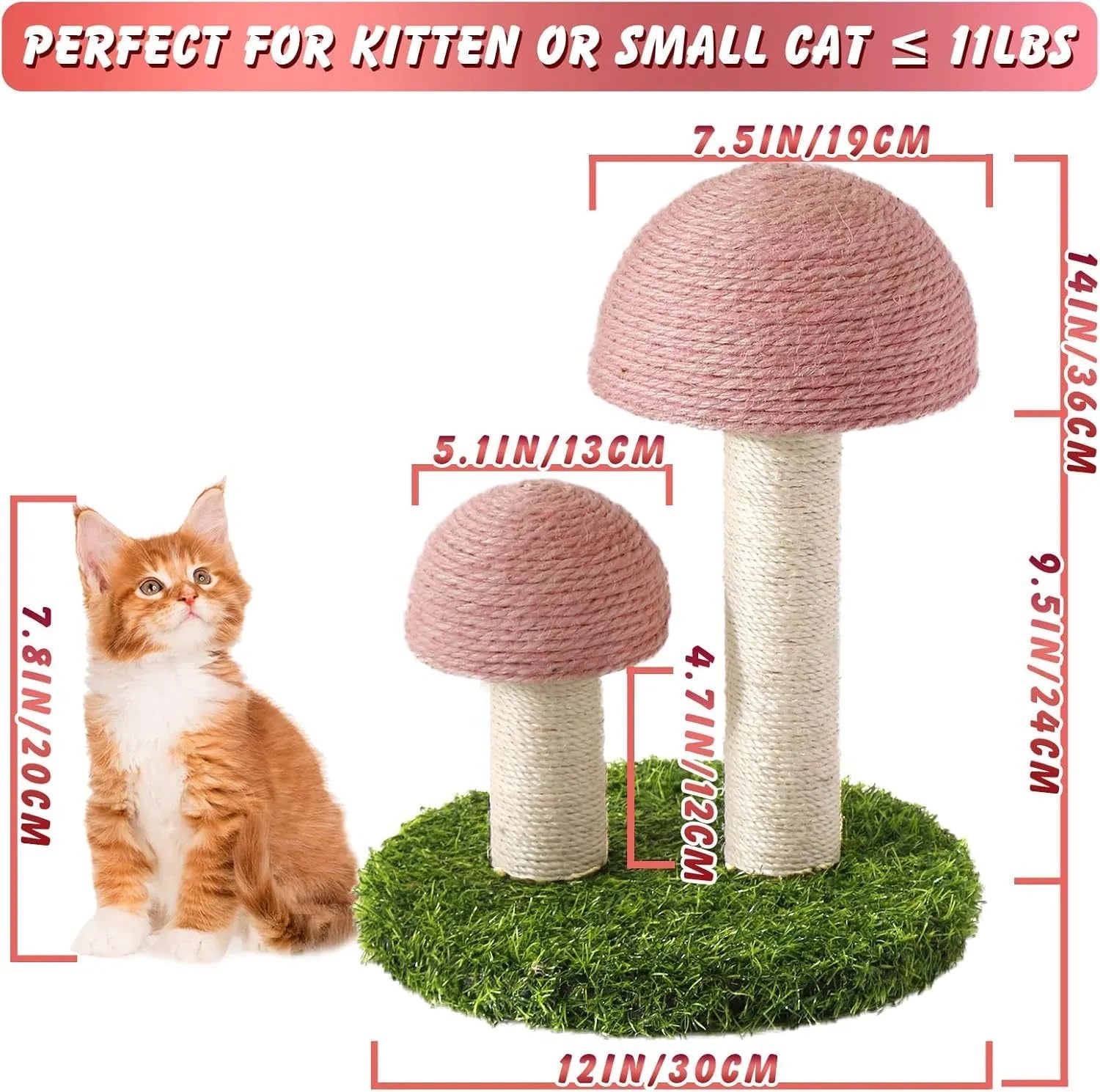 Pink mushroom-shaped cat scratching post with natural sisal caps and pole for kittens