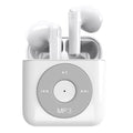 White wireless Bluetooth semi-in-ear earphones with a charging compartment on a white background.