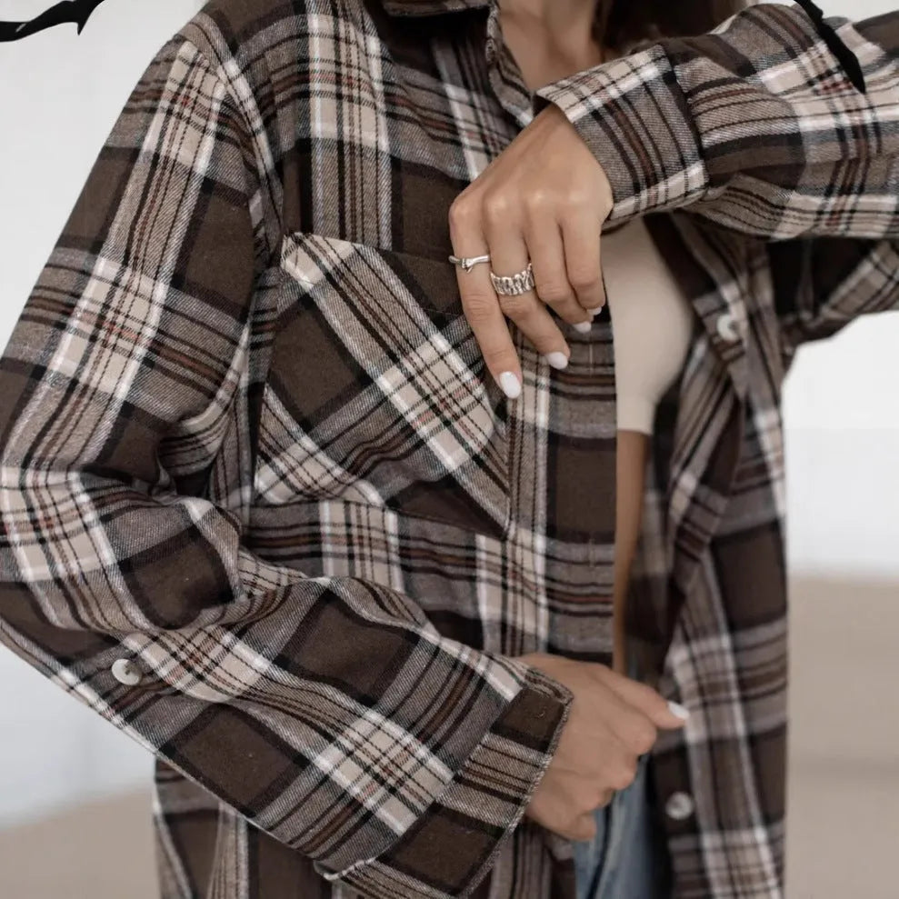 Dark brown retro striped women's long sleeve shirt made from cotton, shown with and without a chest pocket.