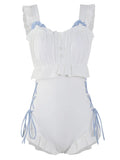 Milky white backless one-piece swimsuit for women on a hanger