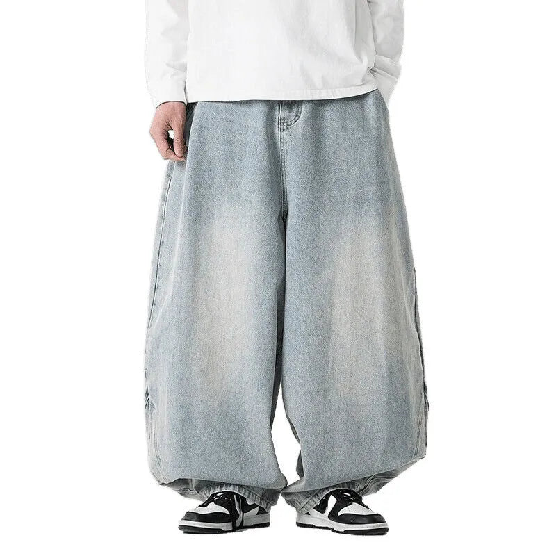 Men's plus size baggy jeans with wide leg and straight opening in American casual style