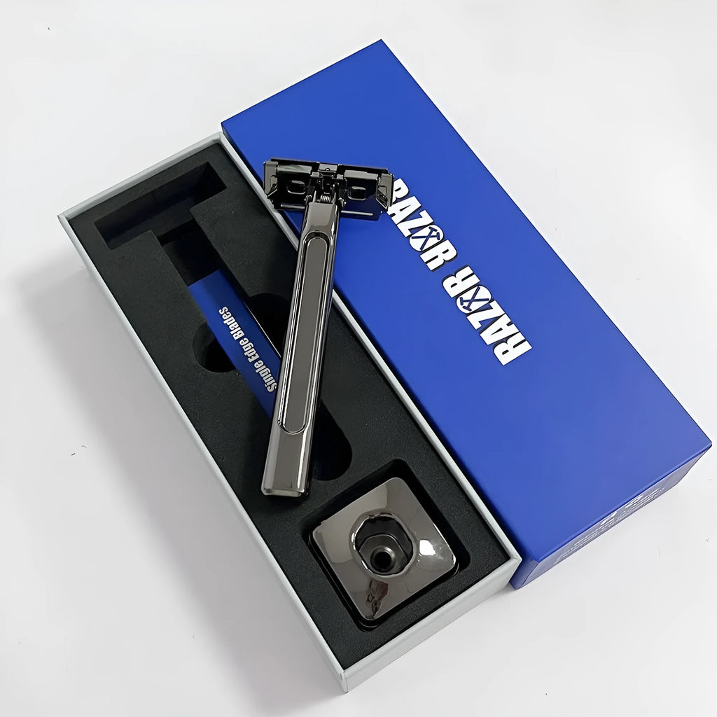 Double-layer half-blade knife holder manual suspension head shaver in silver metal finish