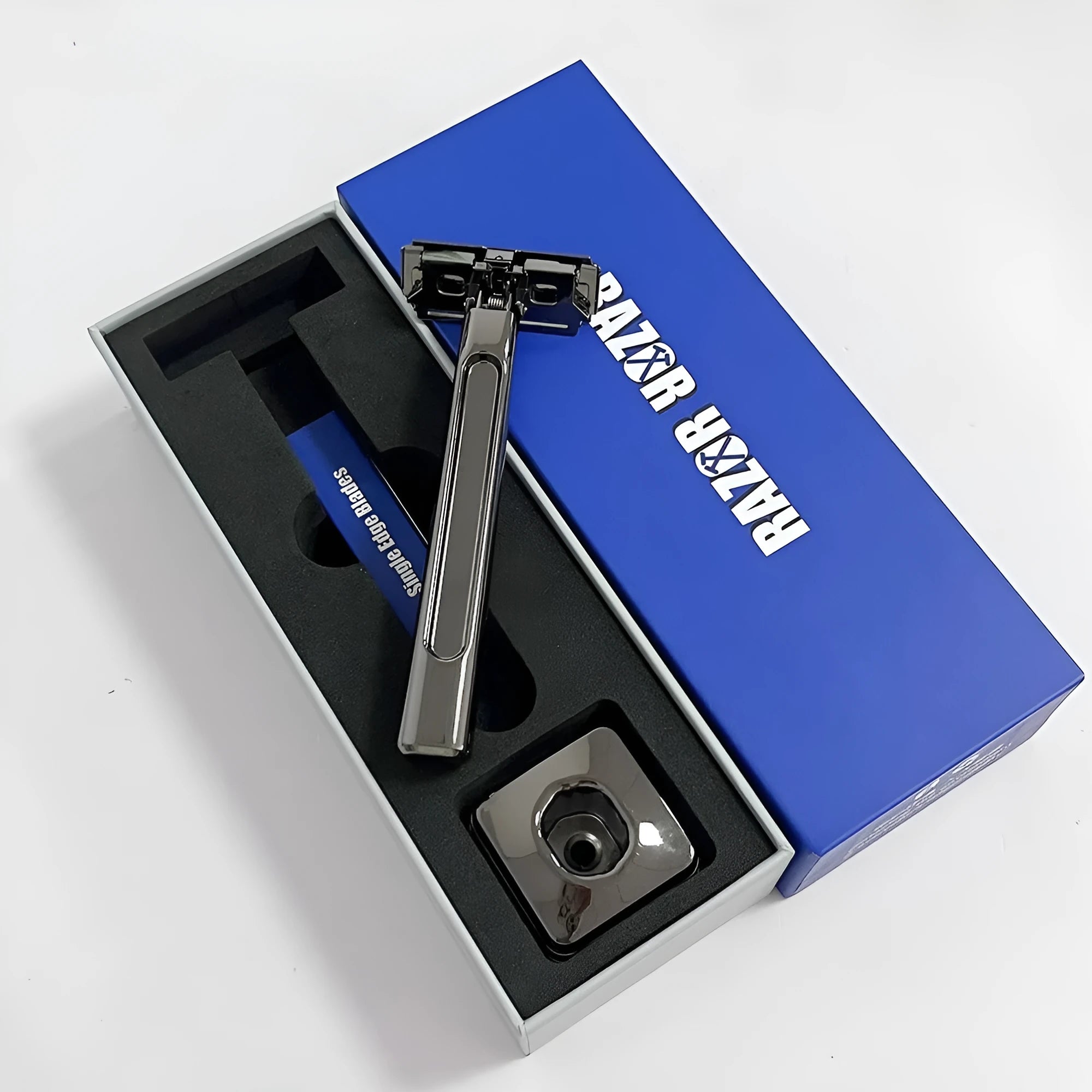 Double-layer half-blade knife holder manual suspension head shaver in silver metal finish