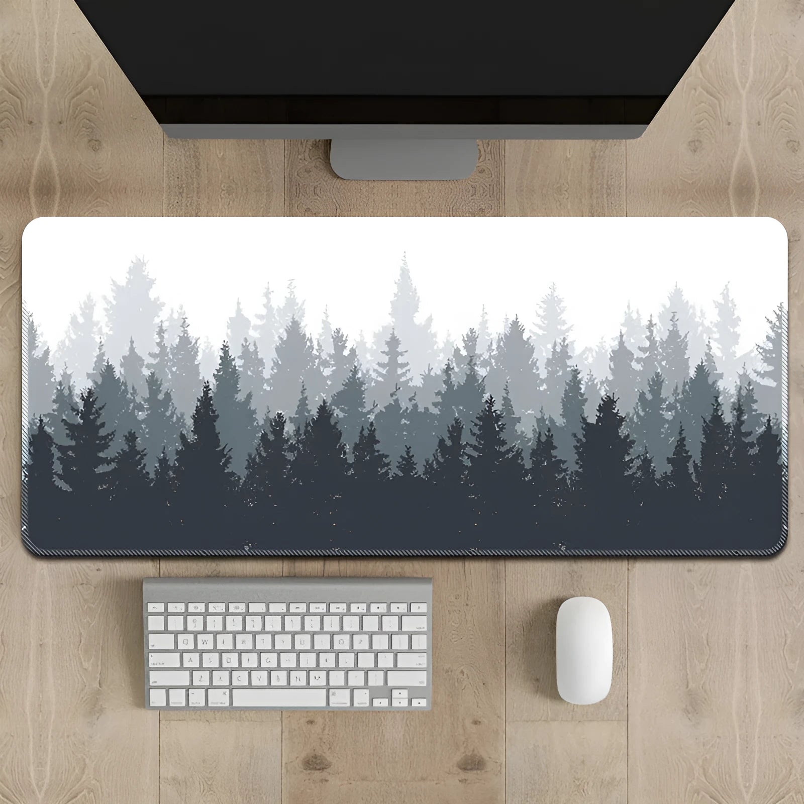 Chinese ink painting pattern desk mat on wooden desk with keyboard and mouse