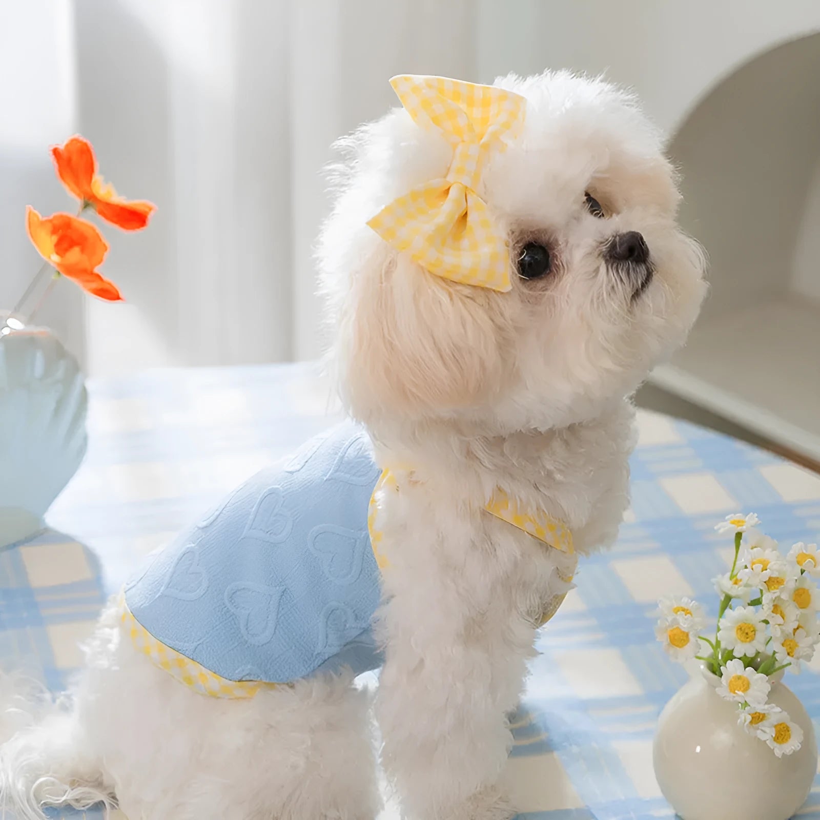 Small dog wearing elastic vest with bow suspenders and heart texture