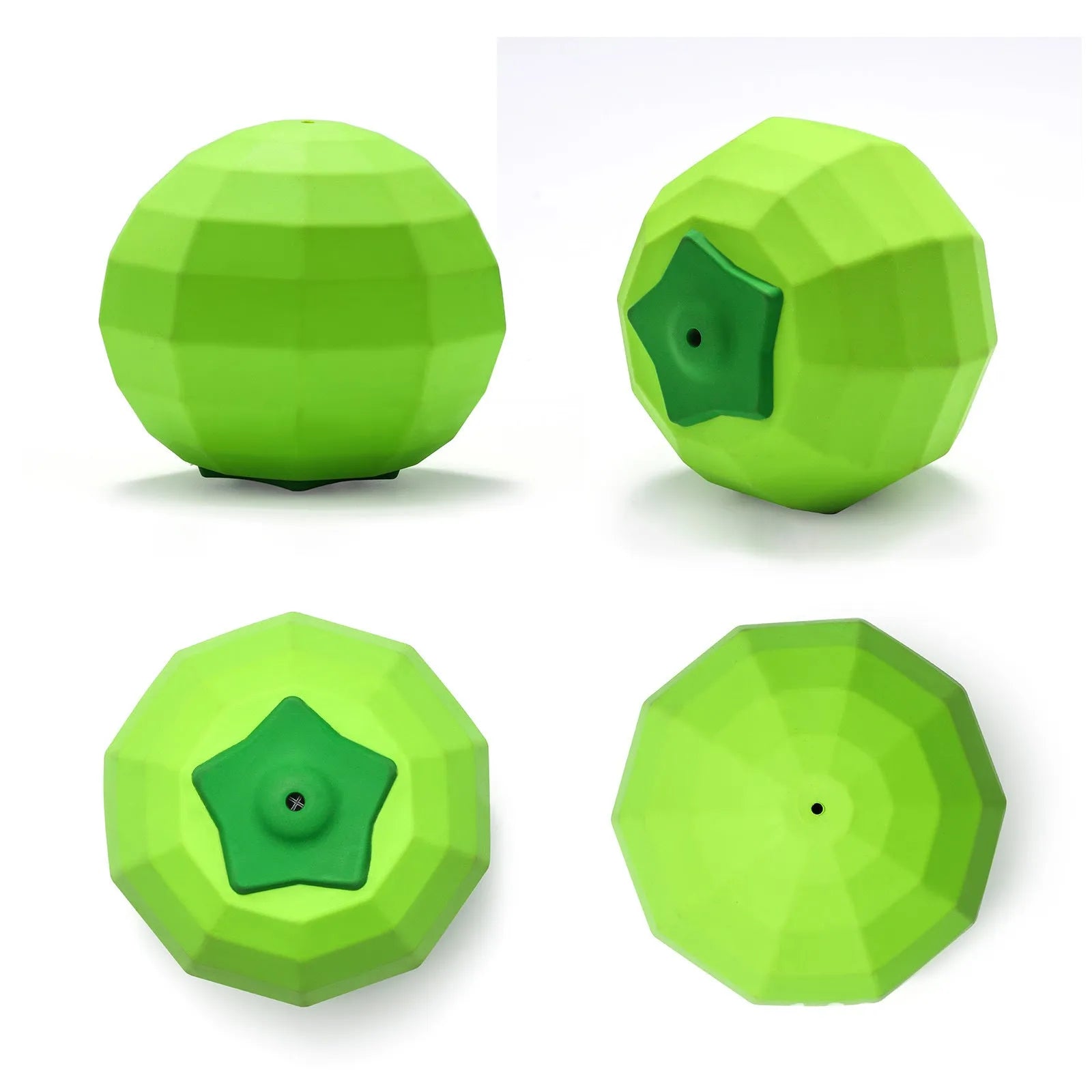 Green natural rubber squeaky dog chew ball for large dogs on a white background.