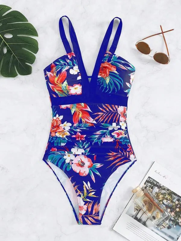 Women's floral pattern backless one-piece swimsuit in multiple colours