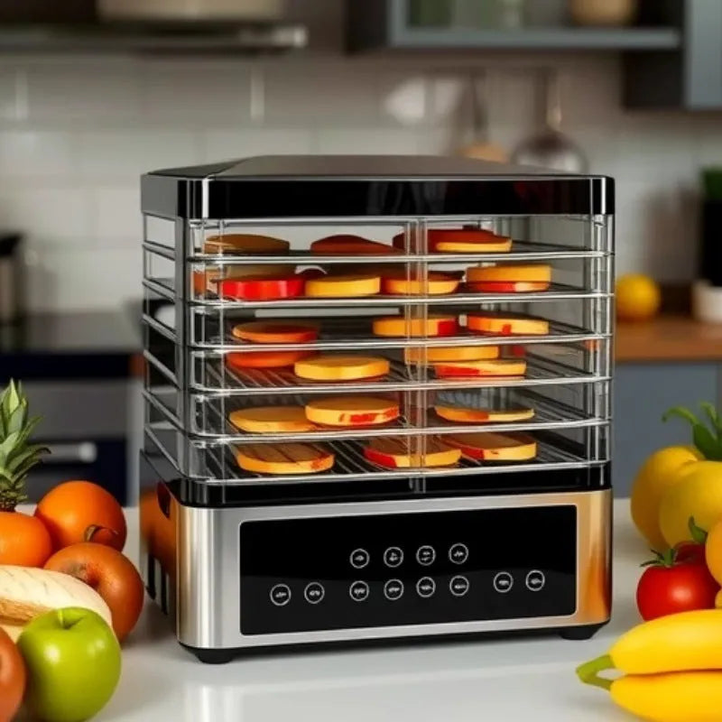 Silver stainless steel fruit dehydrator food dryer with 14L capacity and temperature control