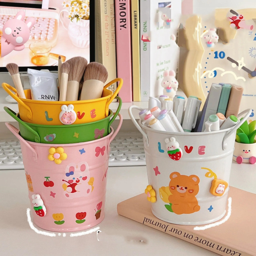 Round metal desktop pen holder in a choice of colours with optional sticker patch