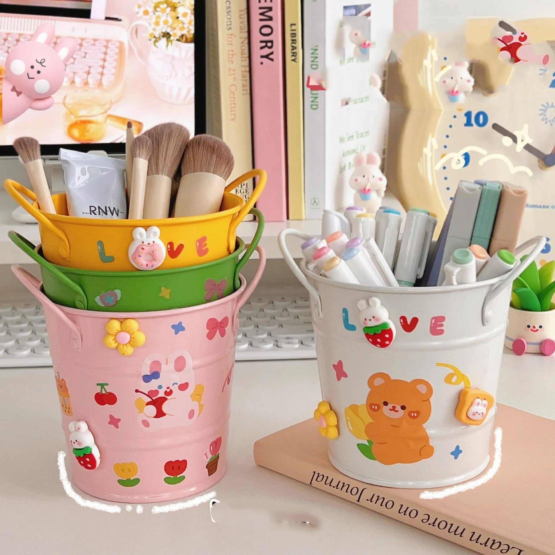 Round metal desktop pen holder in a choice of colours with optional sticker patch