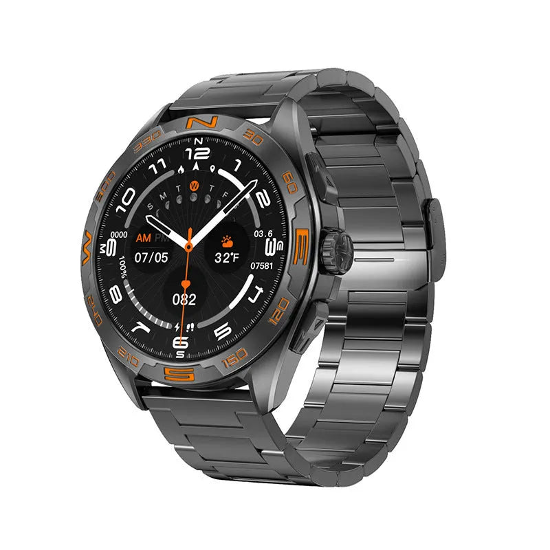 Smart watch for men showing health stats on display, in black steel finish on a wrist.