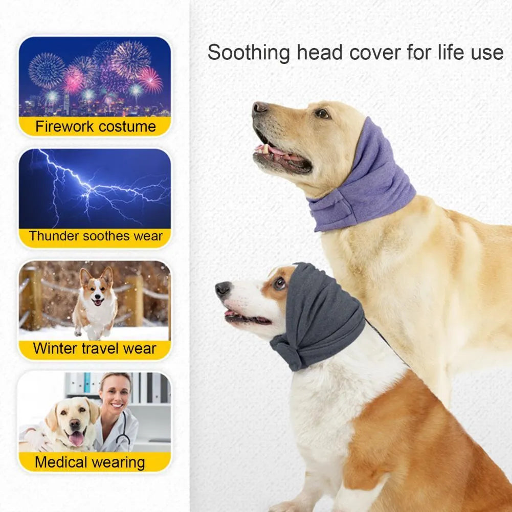 Black noise reduction dog hoodie covering ears and head, polyester fabric, used for calming anxiety and feeding hygiene